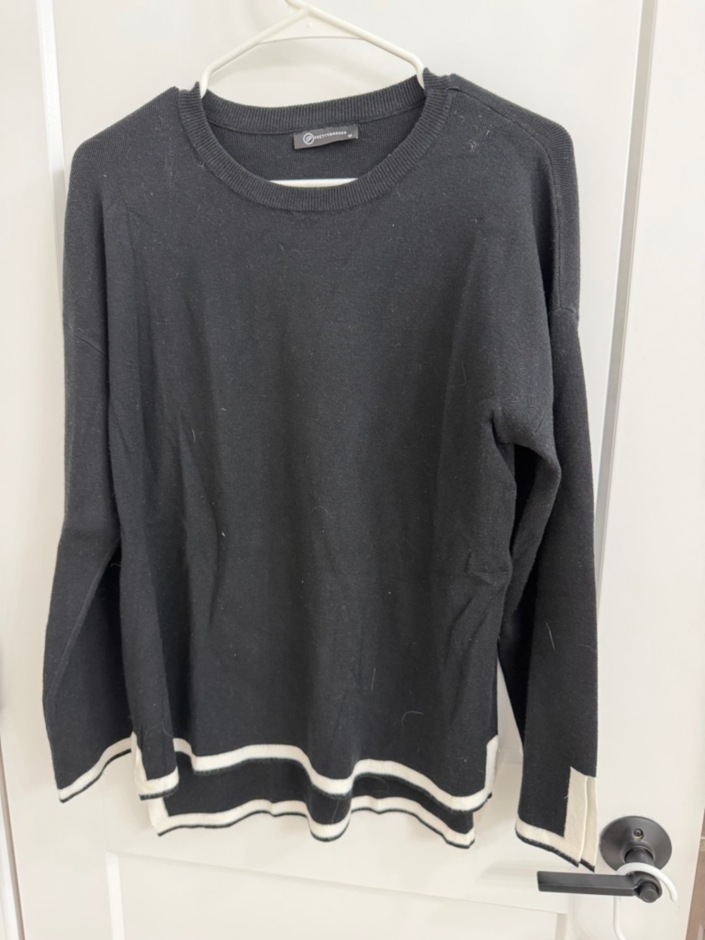 2 PIECE SET: Pretty Garden Black Crewneck Sweater & Pants w/ White Stripe Hem